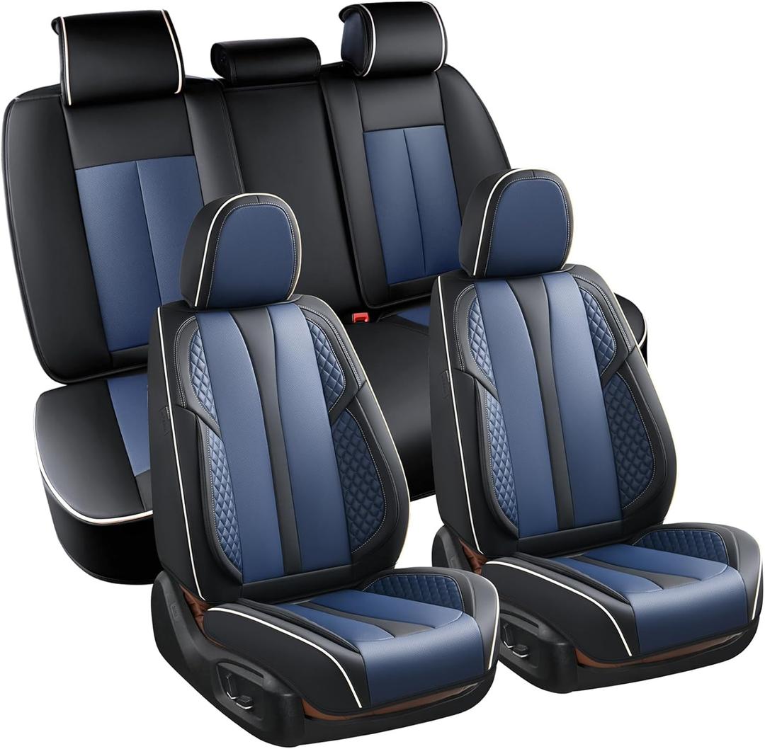 KEYOOG 5-Seater Car Seat Covers Full Set Waterproof and Breathable Nappa Leather, Fit for Front and Rear Seats of Cars, Compatible with Airbags, Scratch Resistant and Wear-Resistant - Blue Black