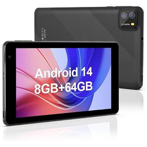 7 Inch Android 14 Tablets,8GB RAM 64GB ROM,2MP+8MP Dual Camera, IPS HD Touch Screen,Qcta core Processor,WiFi 6,Bluetooth(Black)