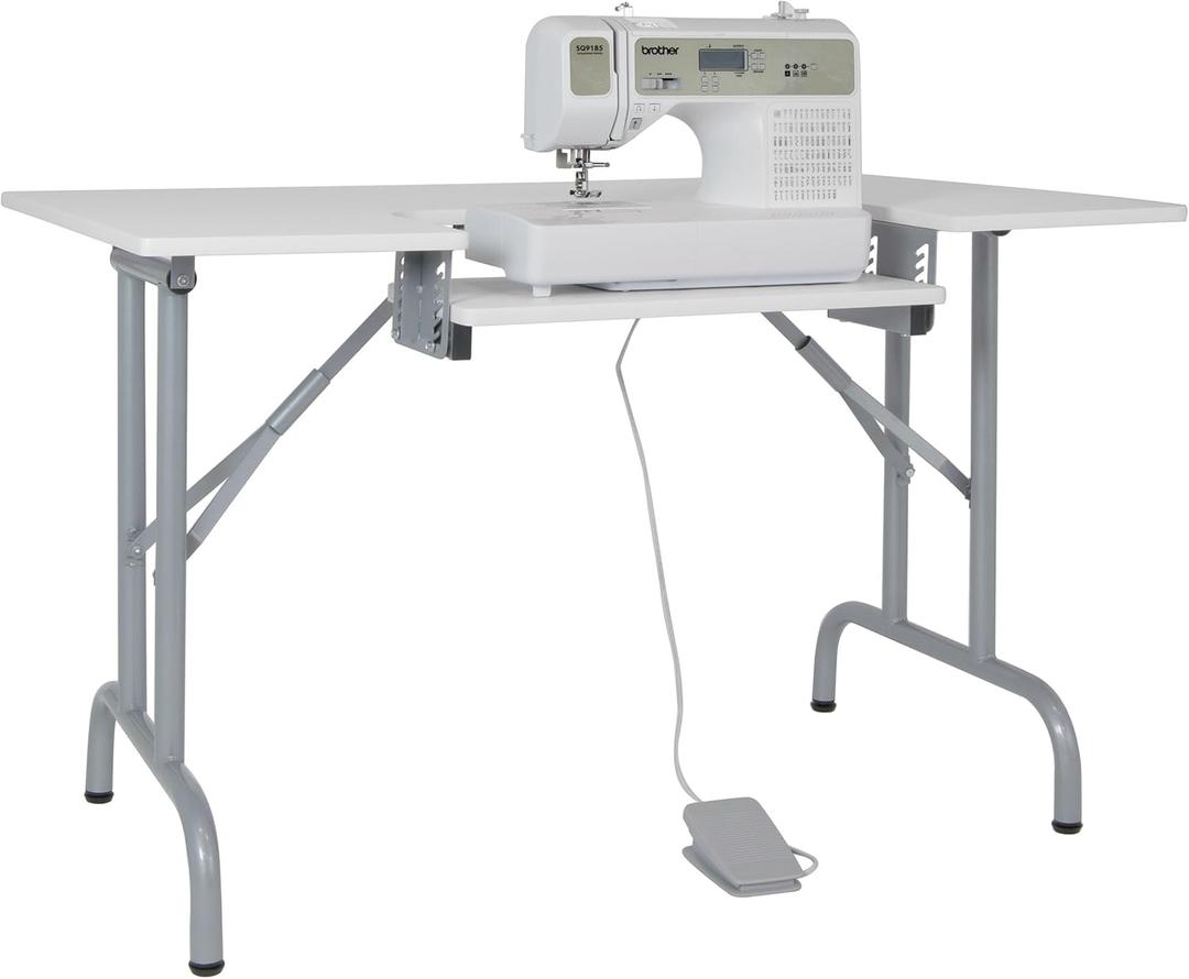 Sew Ready Folding Multipurpose Sewing Table - 47.5" W x 28" D Foldable White Hobby and Sewing Machine Table with Adjustable Shelf - Can Also Be Used as Computer Desk