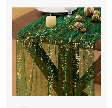Gold Table Runner Christmas Snow Gauze Sheer Chiffon Cheesecloth Sequin 10FT Glitter Metallic Foil Dining Wedding Birthday Party Fall Winter Anniversary Holiday Centerpiece Table Decor Emerald Green