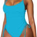 Viottiset Women's Ruched High Cut One Piece Swimsuit Tummy Control Bathing Suit Monokini (Light Blue) S