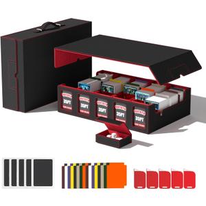 3900+ MTG Deck Box,5-Row Deck Case with Removable Lid & Portable Handle, Card Deck Box for MTG TCG Sports Card,5 Toploaders,5 Stoppers,48 Dividers,1 Dice Tray, Fits for MTG/TCG/Magic Cards (Black & Red)