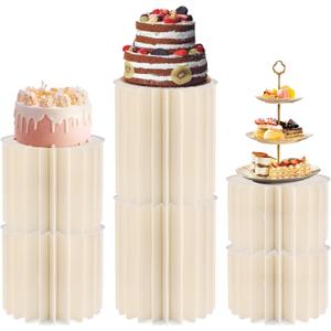 6Pcs Cylinder Stands for Party, Stackable Cream White Pedestal Stands with Acrylic Tops, Foldable Round Cardboard Pillars for Dessert Table Display, Wedding, Birthday & Event Decor