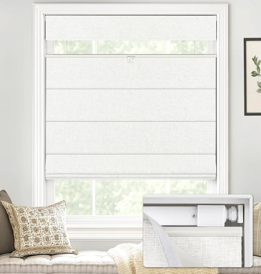 LazBlinds No Drill TDBU Roman Shades, Blackout - White, 23" W x 48" H