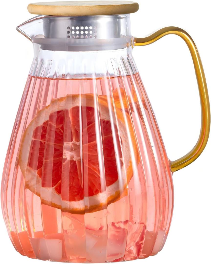 60 oz 1.8 L Glass Water Pitcher with Handle and Lid,Hand Blown Glass Pitcher for Coffee, Tea,Juice, Lemonade, and Hot/Cold Beverages, Heat Resistant