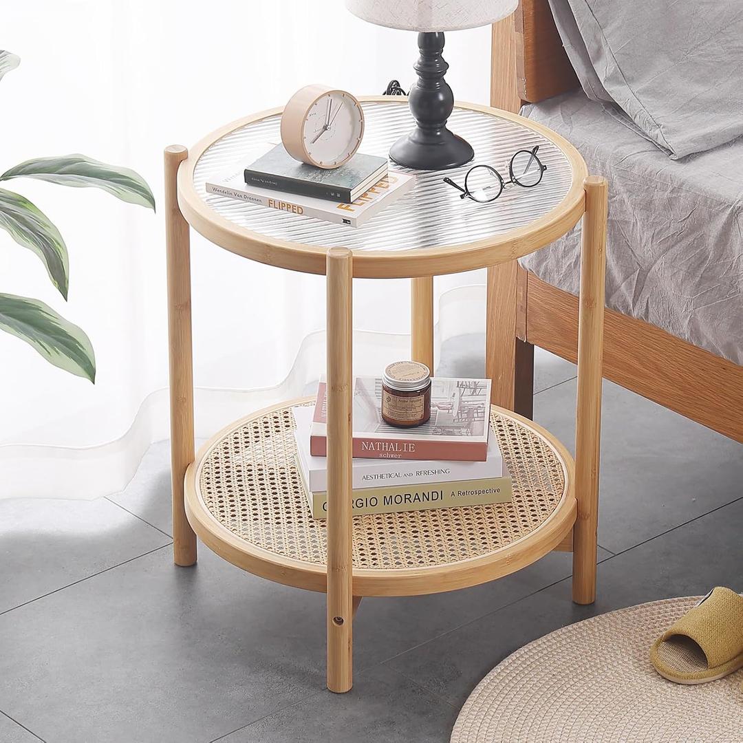 Tiita Rattan Coffee Table, Round End Table, 19.7Inch Modern Side Table, Small Bamboo Living Room Side Table, Glass Sofa End Table for Balcony and Office Outdoor/Indoor (Wood), round, 19.7-inch diameter