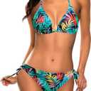 Tempt Me Women Triangle Bikini Sets Halter Two Piece Sexy Swimsuit String Tie Side Bathing Suit (Large, Colorful Leaves)