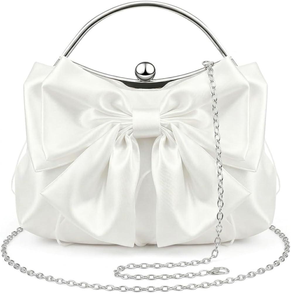 Bow Purse for Women, Bridal Clutch White Evening Bag, Ruched Purses Satin Silk Handbag with Chain Strap