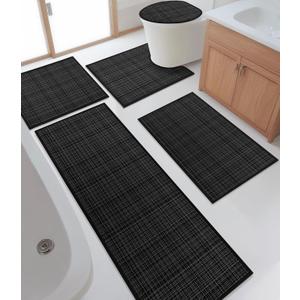 YIHOUSE Bathroom Rugs Sets 5 Pieces, Ultra Thin Bath Mats Fit Under Door, Absorbent Quickly Dry Rubber Backing Braided Bath Mat Set, Non Slip Washable Bath Rugs for Bathroom Floor (Black Multi)