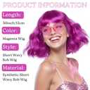 ANOGOL+Hair Cap+Heart-shaped Glasses Fuchsia Bob Wig with Bangs Pink Wavy Shoulder Length Wig Neon Pink Bob Wigs Womens Colorful Bob Wigs for Daily Wear Halloween Party Bachelorette Music Party