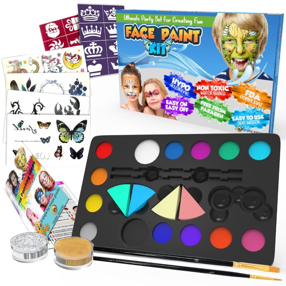 Desire Deluxe Face Painting Kit for Kids - 16 Colors of Non-Toxic, Easy to Use and Hypoallergenic Makeup Face Paint - Professional Halloween Makeup Kit, Birthday Activities for Kids Party