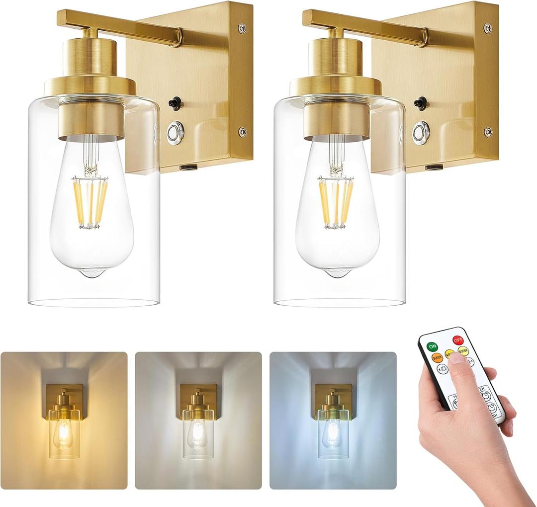 Battery Operated Wall Sconce Set of 2 with Remote 3-Color Rechargeable Wall Lights with 10000mA, Dimmable Wall Sconces Set of Two Battery Operated for Bedroom Living Room Hallway Decor (Gold)
