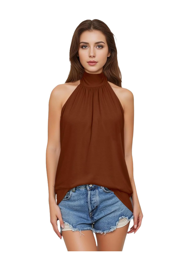 Womens Summer Sleeveless Mock Neck Halter Tank Tops Tie Back Pleated Casual Keyhole Cami Blouse, Size XS
