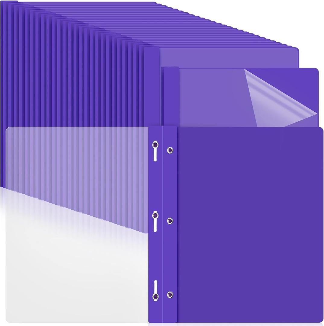 48 Pack Plastic Report Covers with 3 Prongs Presentation Folders Bulk, 100 Sheet Capacity, Clear Front Report Covers for Presentation Document Paper School Office Supplies (Purple)