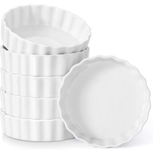 LOVECASA Porcelain Ramekins 8 Oz Oven Safe Set of 6 - Shallow Creme Brulee Dishes for Baking, Souffls, Custards, Fluted Quiche Pans, Chip-Resistant & Stackable, White (4.6 Inches)