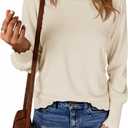 Cicy Bell Womens Crew Neck Long Sleeve Sweater Trendy Casual Scallop Trim Fall Knit Lightweight Pullover Tops (Small, Beige)
