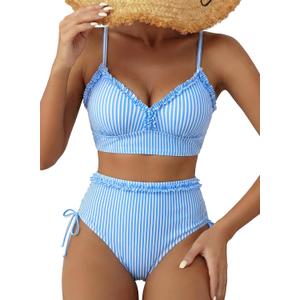 Herseas Women's Splice Ruffle Trim Bikini Sets Tie Side Swimsuits High Waisted Bathing Suits (Blue, M)