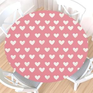 Valentines Day Round Fitted Tablecloth with Elastic Edge,Water-Resistant Wipeable Pink White Love Heart Valentine's Day Table Cover for 40-44" Stretch Table Cloth for Dinner Indoor Outdoor Party