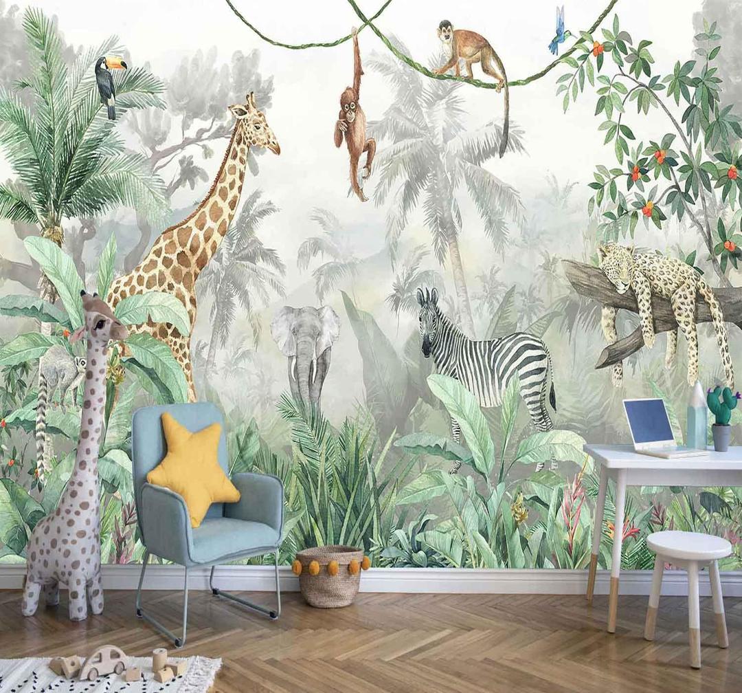 Reyhui Kids Wallpaper Tropical Leves and Safari Animals Wall Mural for Wall Bedroom Living Room TV Background Sofa WallNot Peel and Stick