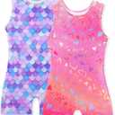 Gymnastics Leotards for Girls Shiny Toddler Biketard Unitard One Piece Tumbling Outfits (6-7 Years, 2pcs Mermaid & Love Heart)