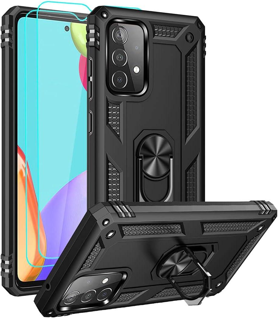 for Samsung A52 Case, Galaxy A52 Case with HD Screen Protector, Military-Grade Ring Holder Kickstand Car Mount 15ft Drop Tested Shockproof Cover Phone Case for Samsung Galaxy A52, Black