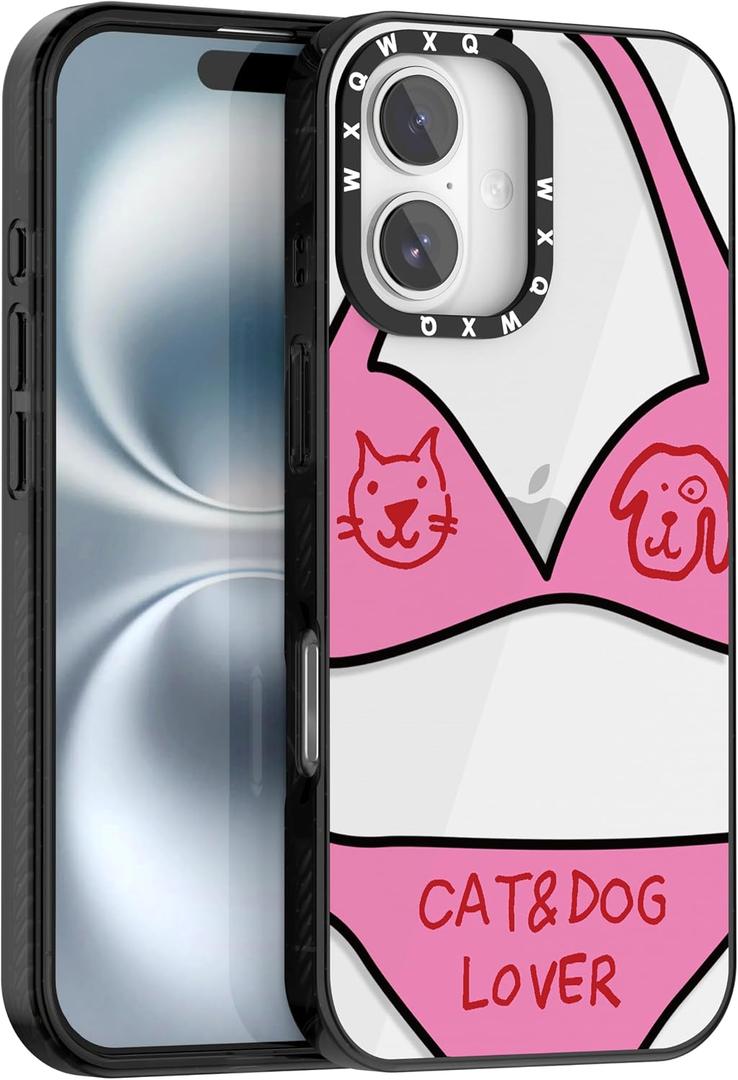 for iPhone 16 Case TPU+PC Premium Colorful Drop Protection Case Excellent Shock Absorption Military Grade Drop Protection Pink Playful Cat Dog Underwear Pattern Phone case
