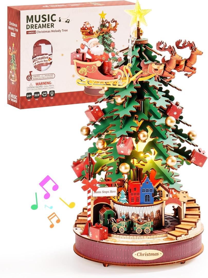 ROBOTIME 3D Puzzles for Adults Wooden Music Box with LED DIY Model Christmas Tree Building Kit for Kids Hobby Crafts Unique Home Decor