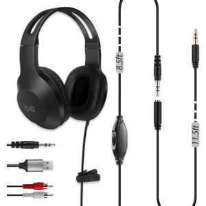 DUNGZDUZ 20Ft Extra Long Cord Headphones for TV & PC with Volume Control, Wired TV Headset with Extension Cable, 3.5mm Aux Jack with USB & RCA Adapters for More TVs, Senior Friendly