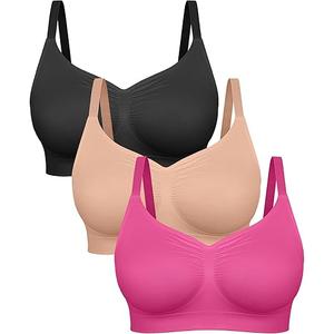 FeelinGirl Bras for Women Wireless Bralettes No Underwire Unlined Seamless Everyday Bras 3-Pack, Black/Nude/Pink, L