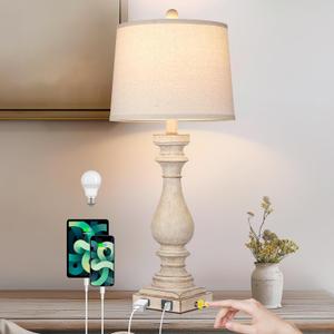 27.5" Tall Farmhouse Lamp,Vintage Bedside Nightstand Lamps with USB Charging Ports A/C,3-Way Dimmable Touch Control Retro Lamp for Bedroom Living Room,Single Beige