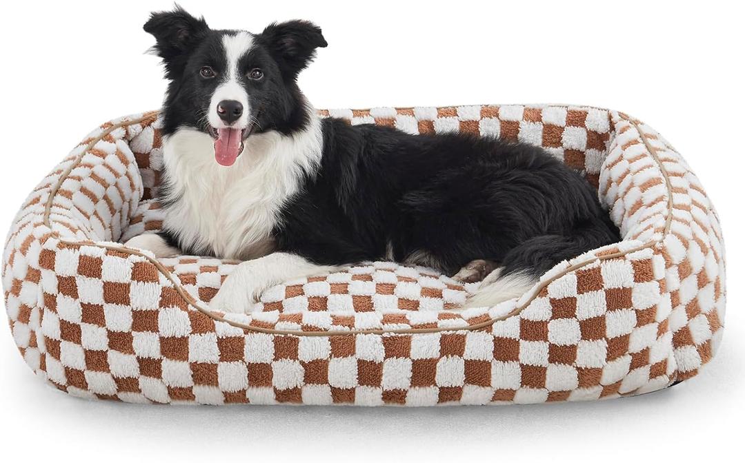 JOEJOY Dog Bed for Large Medium Small Dogs  Rectangle Orthopedic Dog Sofa Bed, Cute Modern Puppy Bed with Jacquard Shaggy Plush & Anti Slip Bottom, 30x24x9inches, Brown