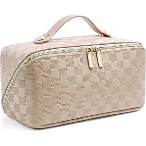ALEXTINA Travel Makeup Bag, Large Capacity Cosmetic Bag for Women, Open Flat Make up Bag, Waterproof PU Leather Checkered Makeup Organizer Bag with Collapsible Handle,Toiletry Bag for Cosmetics, White