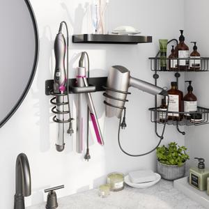 hicorfe Hair Dryer Holder 3 in 1 Hair Tool Organizer,Blow Dryer Holder Wall Mounted,Bathroom Bedroom Hair Care Styling for Flat Iron,Curling Iron,Hair Straightener Black