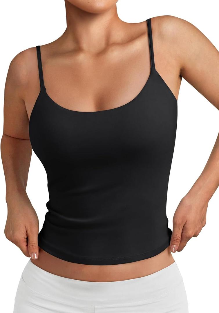 Trendy Queen Womens Spaghetti Strap Tank Top Summer Double Lined Workout Camisole Going Out Cute Tops Y2k Teen Girl Basic (Small, Black)