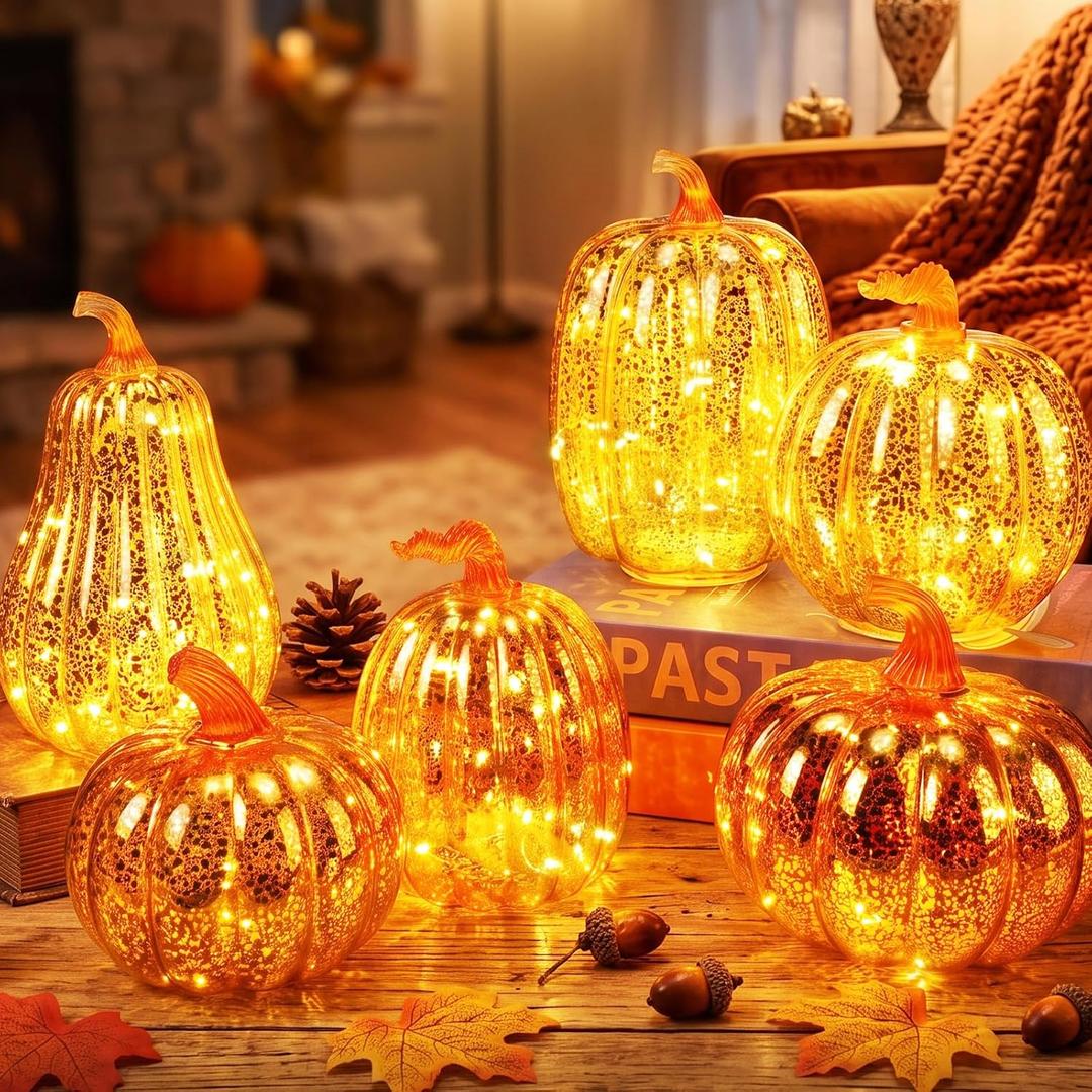 Glooglitter 6 Pack Light Up Glass Pumpkin with Timer Fall Decor, Gold