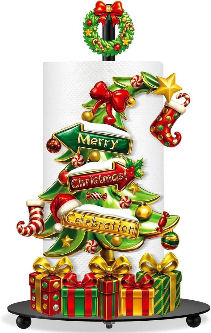 Shellwei Lime Green Christmas Tree Paper Towel Holder with Round Base Whimsical Christmas Bathroom Decor Rustic Xmas Tree Dispenser Kitchen Paper Holder Stand for Countertop Toilet Home Accessories