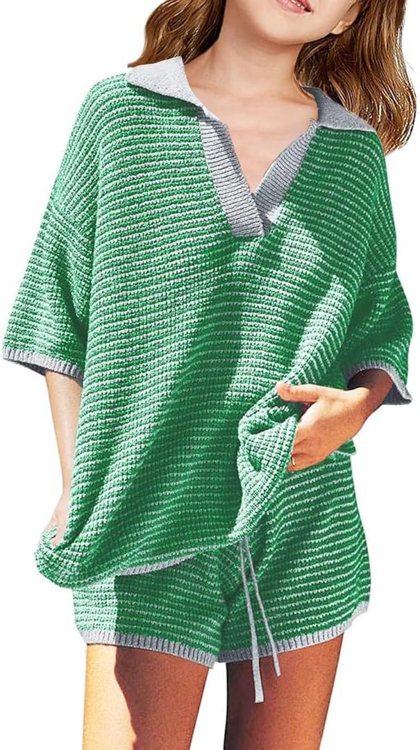 Girls 2 Piece Outfits Set Oversized Short Sleeve V Neck Knit Sweater Tops Casual Shorts Lounge Set (7-8 Years, Green)