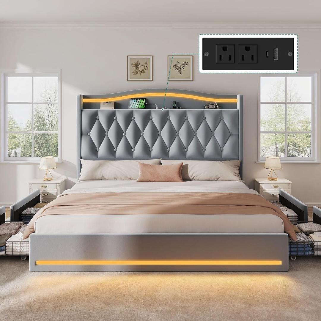 DWVO King Size Bed Frame with 4 Storage Drawers and RGB LED Lights, 57'' Tall Headboard Velvet Upholstered Bed with Charging Station, No Box Spring Needed, Easy Assembly, Noise-Free, Grey