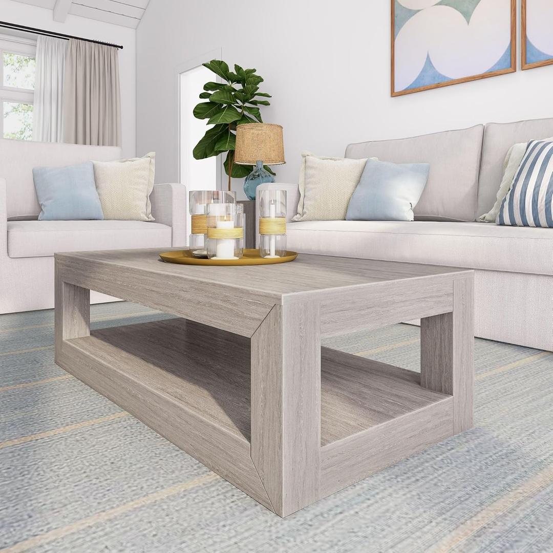 Plank+Beam 40" Modern Rectangular Coffee Table with Shelf, Solid Wood Center Table with Storage, 2 Tier Tea Table for Living Room, Seashell Wirebrush