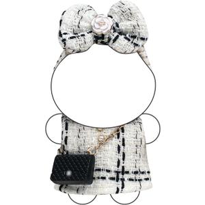 Clothes for 17cm Doll Classic Checkered Chic Set, Featuring a White and Black Checked Dress, Bow Headpiece, and Stylish Black Mini Bag  Doll Not Included