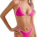 SUUKSESS Women Sexy Thong String Two Piece Bikini Sets Triangle Cheeky Halter Swimsuits Color Block Bathing Suits(Pink Color Block, XL)