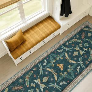 Wide Runner Rug for Hallway 2'6"x8' - Green Runner Rug for Kitchen, Hall Way, Washable Foldable Boho Insect Deor (Teal)