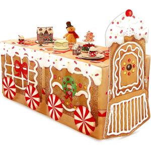 Oudain 2 Pcs Christmas Gingerbread House Decoration Christmas Gingerbread Train Table Decoration with Ginger Bread Man Tablecloth Xmas Candy Cardboard Cutout for Birthday Party School Classroom Decor