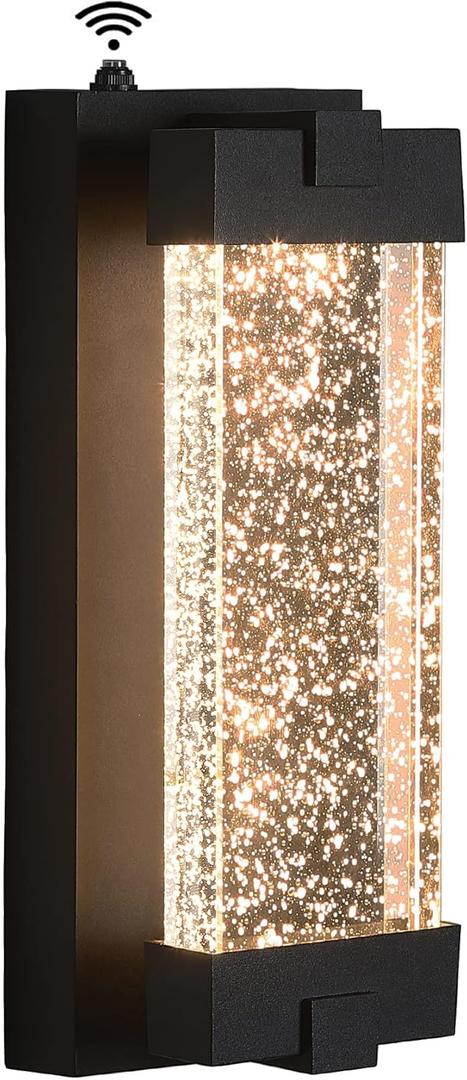 Black Wall Sconce with K9 Crystal Bubble and Dusk to Dawn Sensor, Exterior LED Wall Mounted Light, Modern Porch Lantern, Light Fixture for Indoor and Outdoor