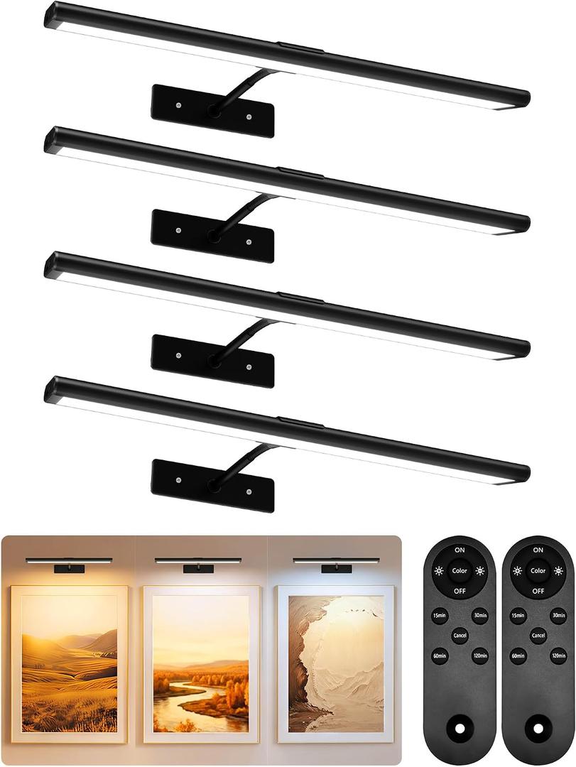 EZVALO Picture Light for Wall, 4800mAh Rechargeable Wireless Battery Lights for Painting, 16'' Lights with IR Remote Magnetic LED Art Display Light, Colors Temperatures, for Gallery (Black-4P)