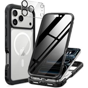 seacosmo Magnetic for iPhone 17 Pro Privacy Case 6.3'', [Built-in Anti-Spy Tempered Glass Protector + Camera Protection] Compatible with Magsafe, Full Body Shockproof Bumper Clear Back Cover, Black