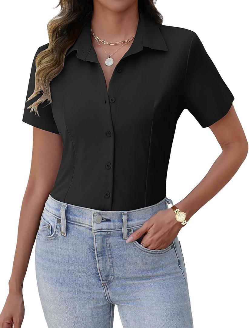Zeagoo Women's Button Down Shirts Short Sleeve Dress Shirts Basic Business Collared Work Blouses (Black, L)