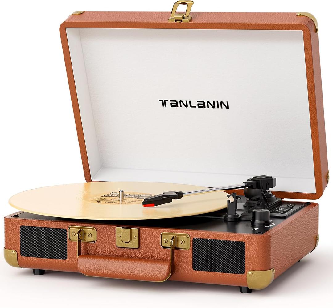 Vinyl Record Player with Built-in Speakers & USB Recording, Vintage 3-Speed Bluetooth Portable Suitcase Turntables Belt-Driven LP Player Support AUX/RCA/Headphone Jack, Brown Leather