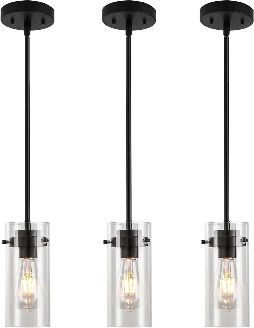 EAPUDUN Pendant Lights Kitchen Island (3 Pack), Clear Glass Shade Kitchen Lighting fixtures Ceiling Hanging, Black Pendant Lights for Kitchen Island,Dining Room,Corridor Bedroom E26 Base