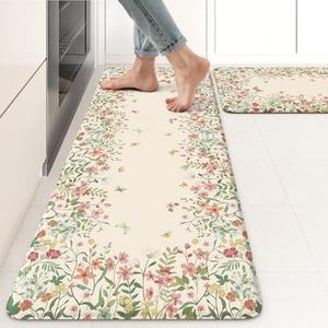 KIMODE Anti Fatigue Kitchen Mats for Floor 2 Piece, Cushioned Floral Kitchen Rugs, Memory Foam Kitchen Floor Mats, Summer Standing Desk Mats for Laundry Office Sink Beige 17"x47"+17"x29"